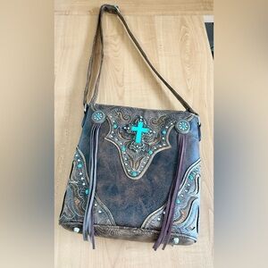 New western fringe cross crossbody Purse handbag bag hipster turquoise